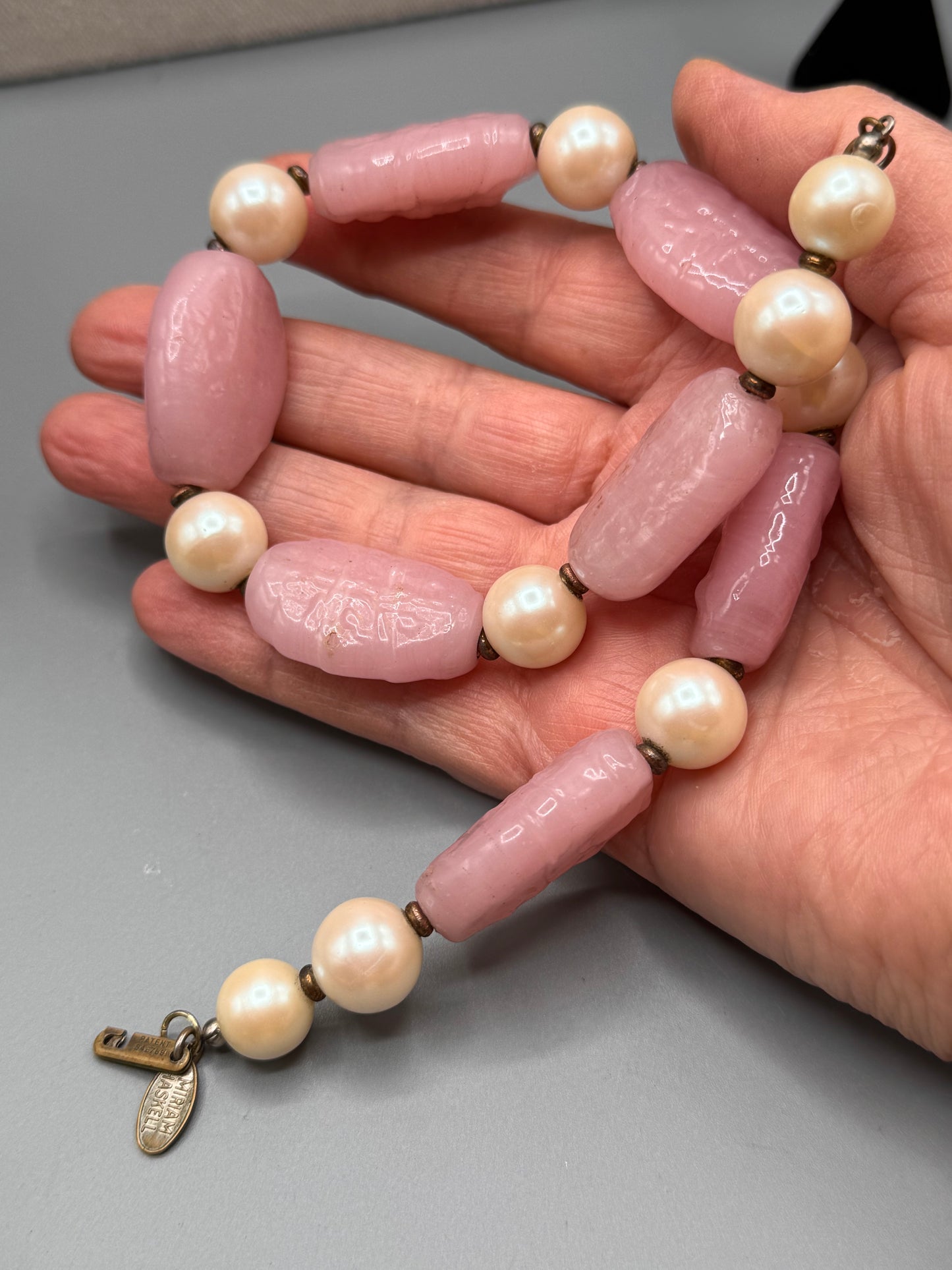 Signed Miriam Haskell Pink Art Glass & Faux Pearl Beaded Necklace