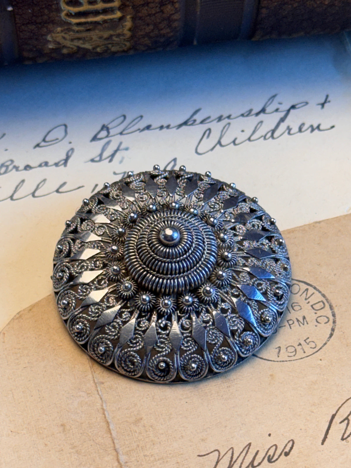 Silver Dutch Zeeland Button Brooch Zeeuwse Knoop Filigree Trombone Clasp 2”