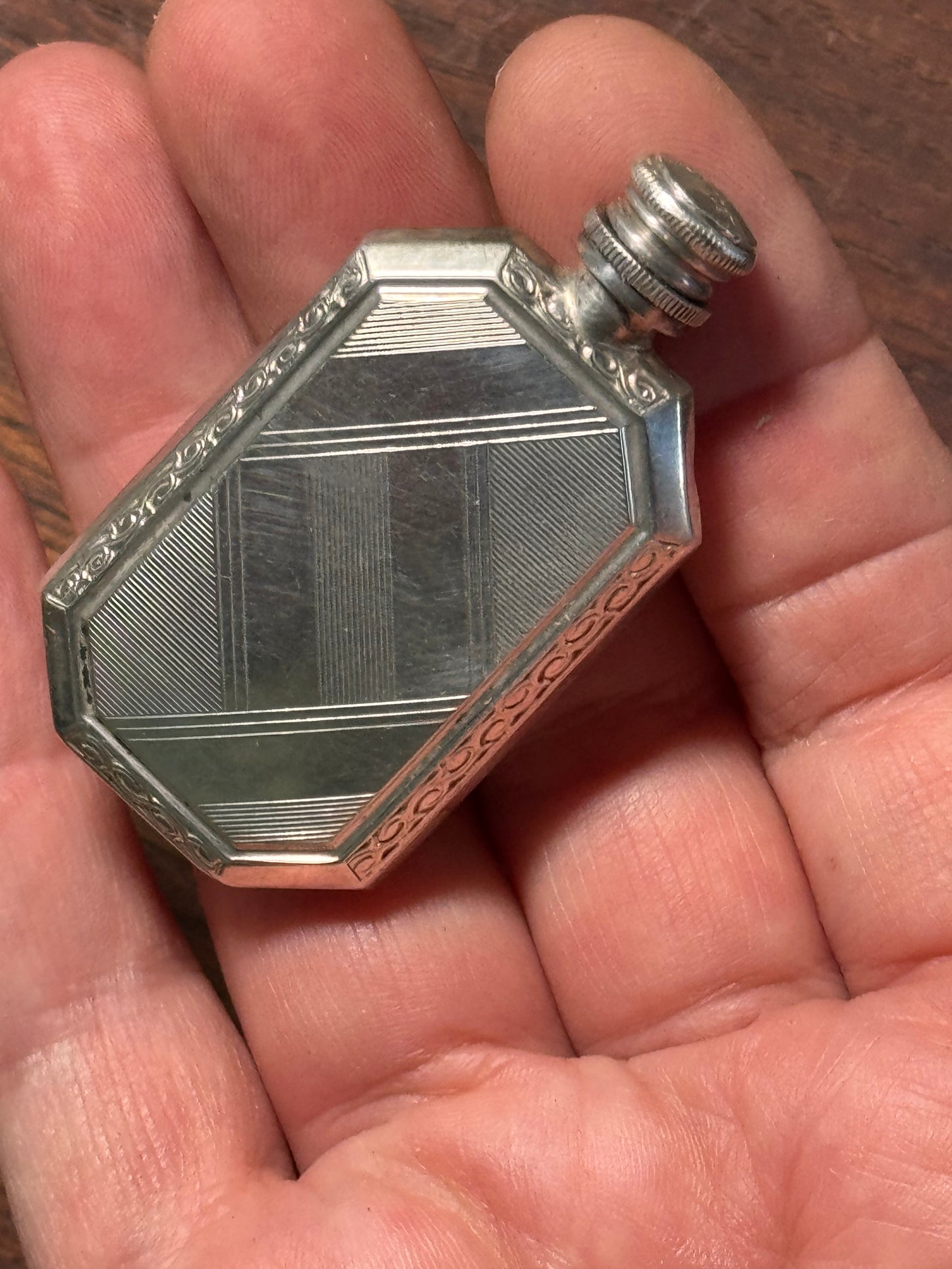800 Silver Perfume Bottle Art Deco Engine Turned 2.25” Antique