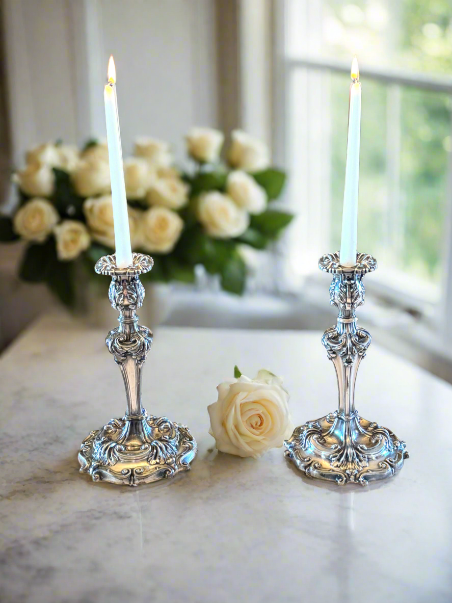 Antique Pair Candle Sticks Silverplate Reed & Barton Rococo Style Ca. 11”