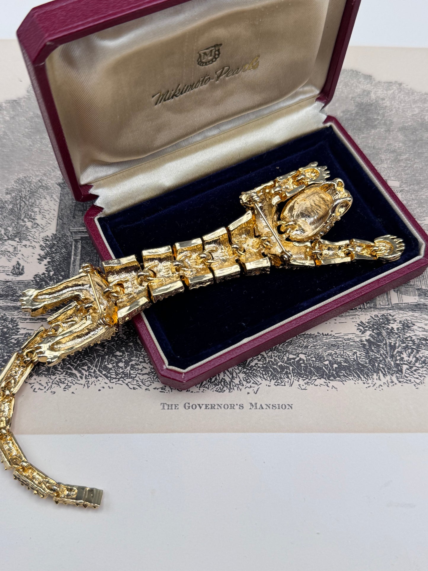 Vintage Articulated Shoulder Brooch Goldtone Tiger Leopard Rhinestone Cat 7.5”