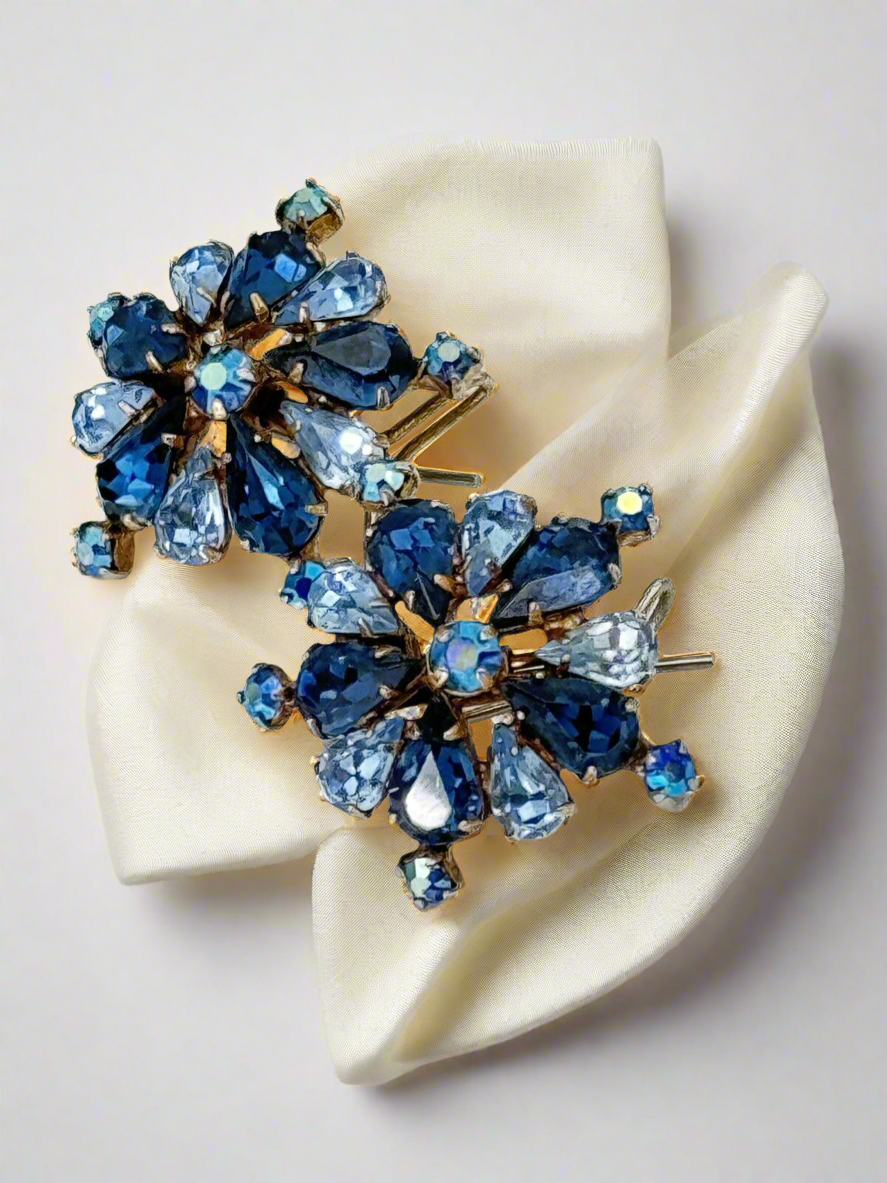 Vintage Blue Rhinestone Wingback Earrings JUDITH MCCANN Pat No 2414382