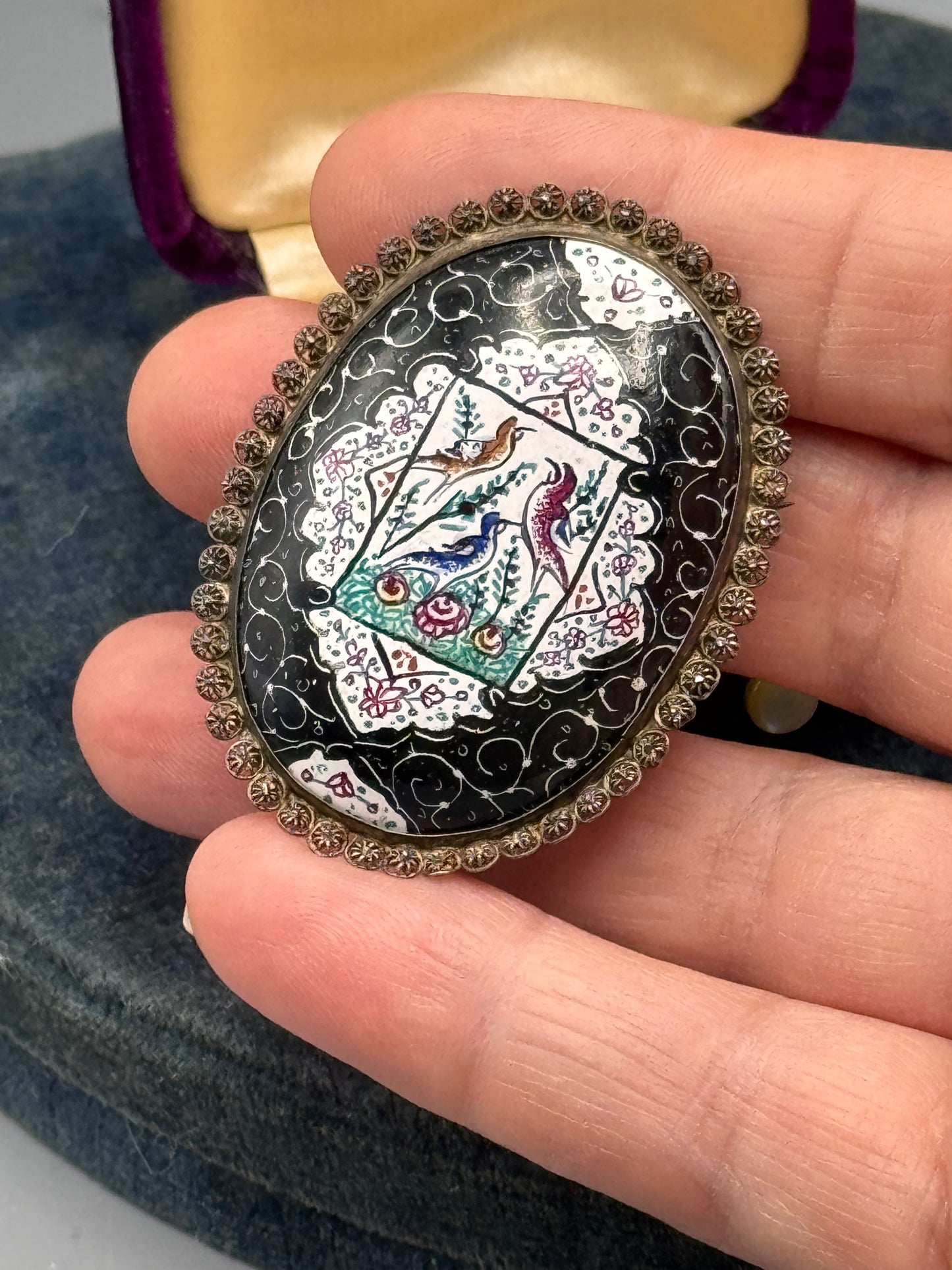 Vintage Enamel Bird Brooch Hand Painted Oval Scenic Pin 2”