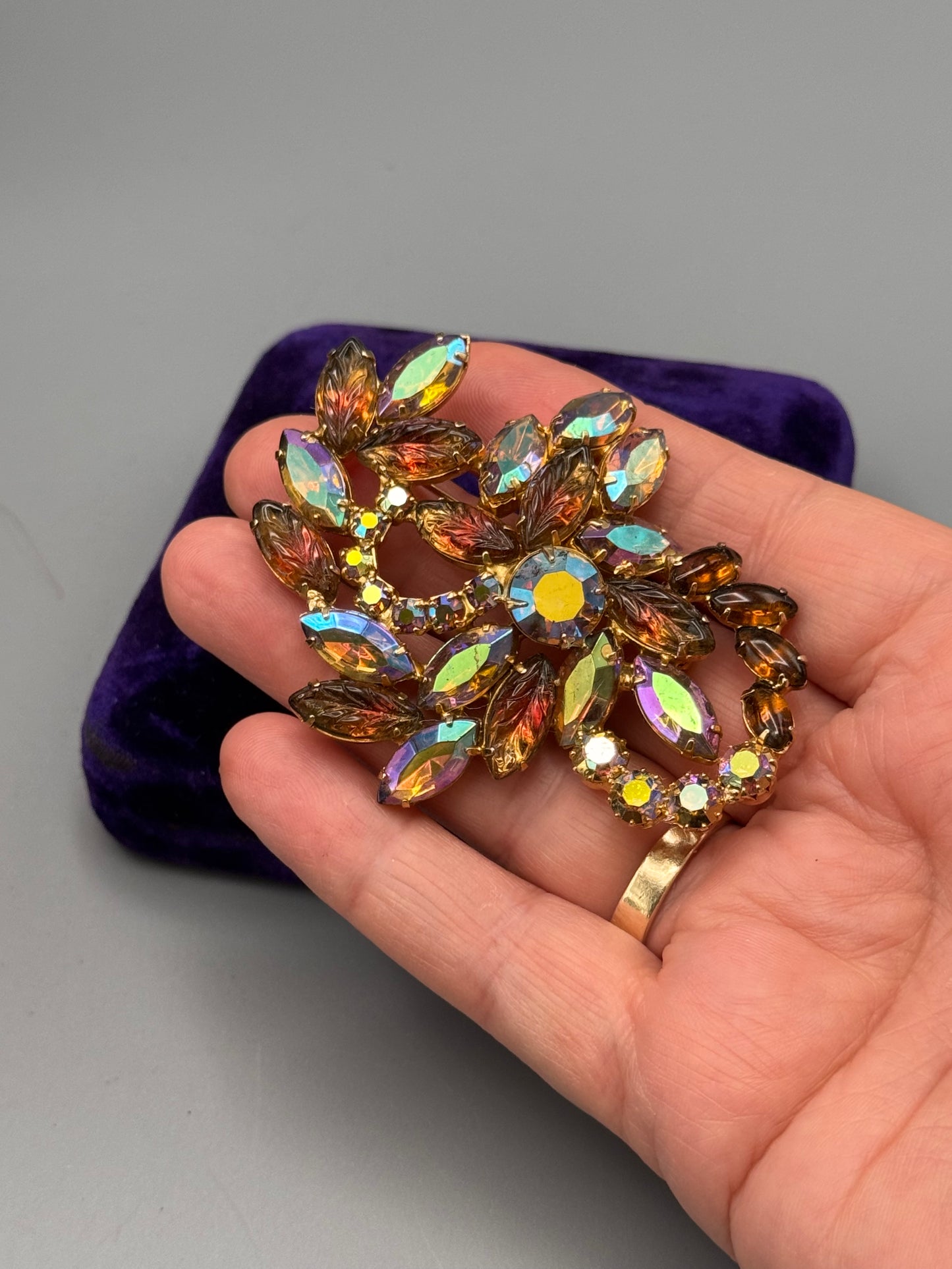 Vintage Rhinestone Brooch AB Navette Amber Glass Pink Crystal Floral 3”