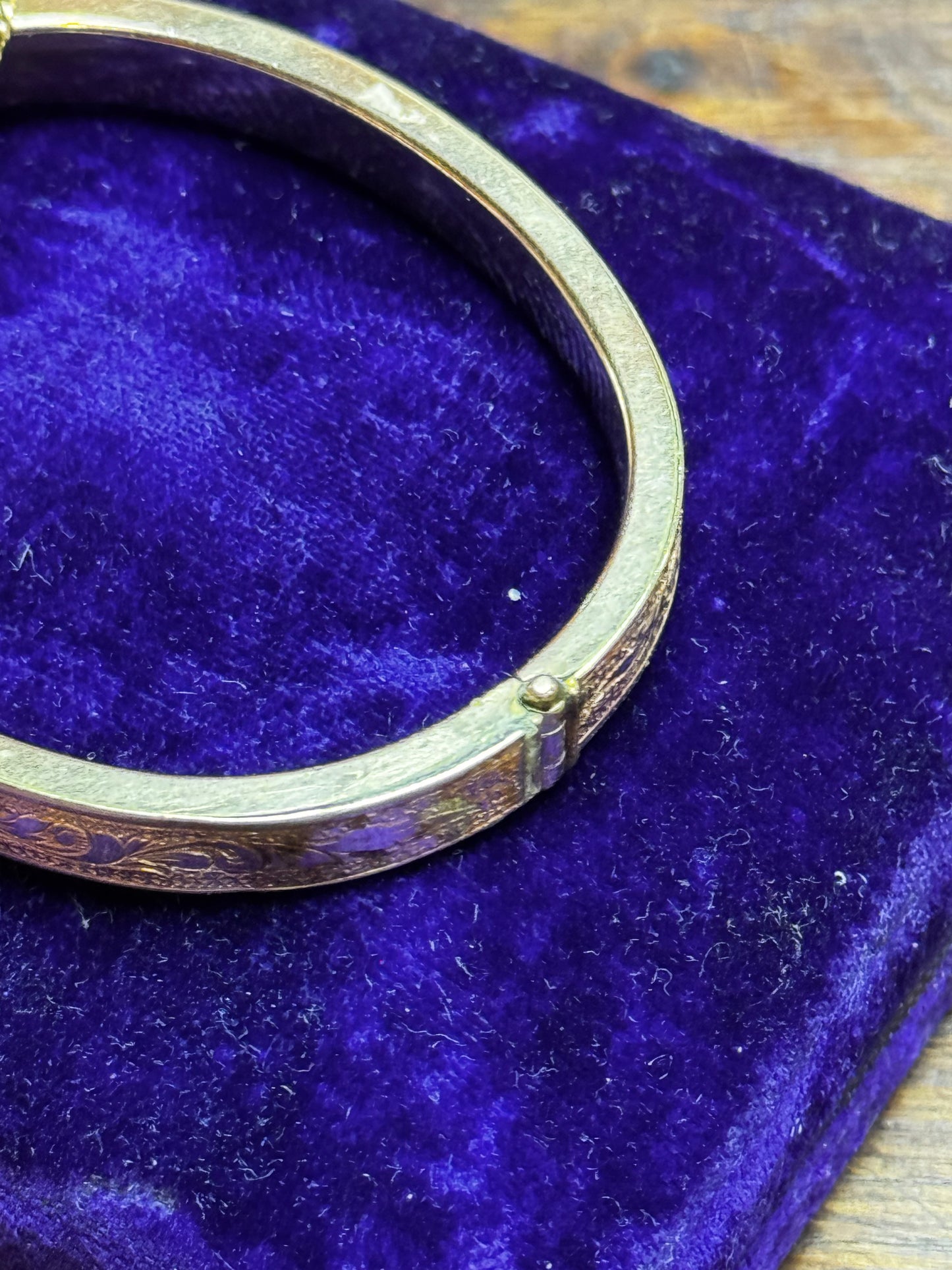 Antique Gold Filled Hinged Bangle Bracelet Safety Chain Engraved 6.5”