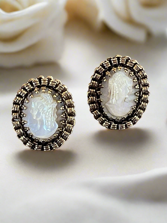 Mother of Pearl Carved Cameo EARRING Clips Filigree Casing VINTAGE