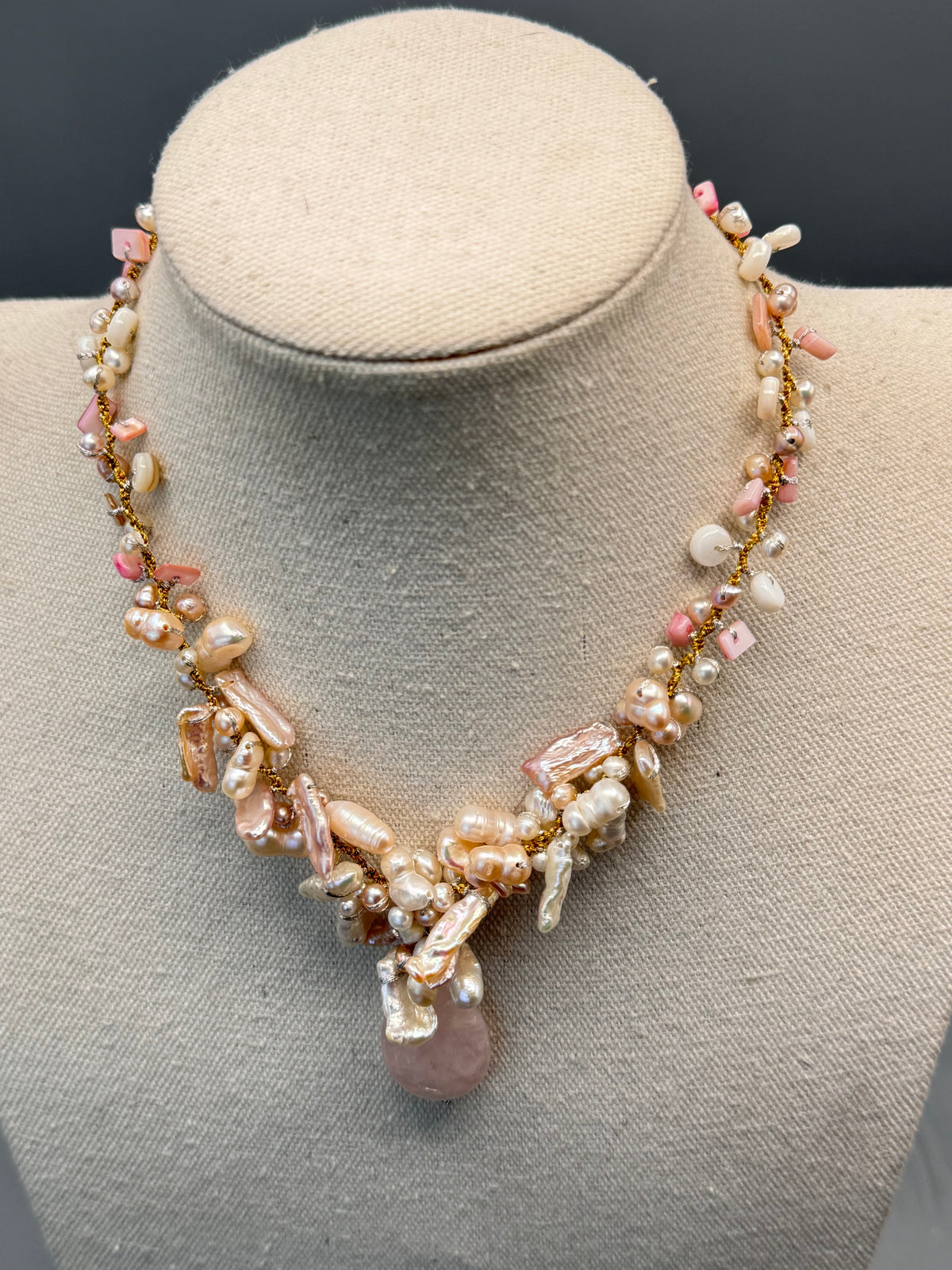 Handmade Pearl Rose Quartz Necklace Hand Knotted Baroque Pearls 16”