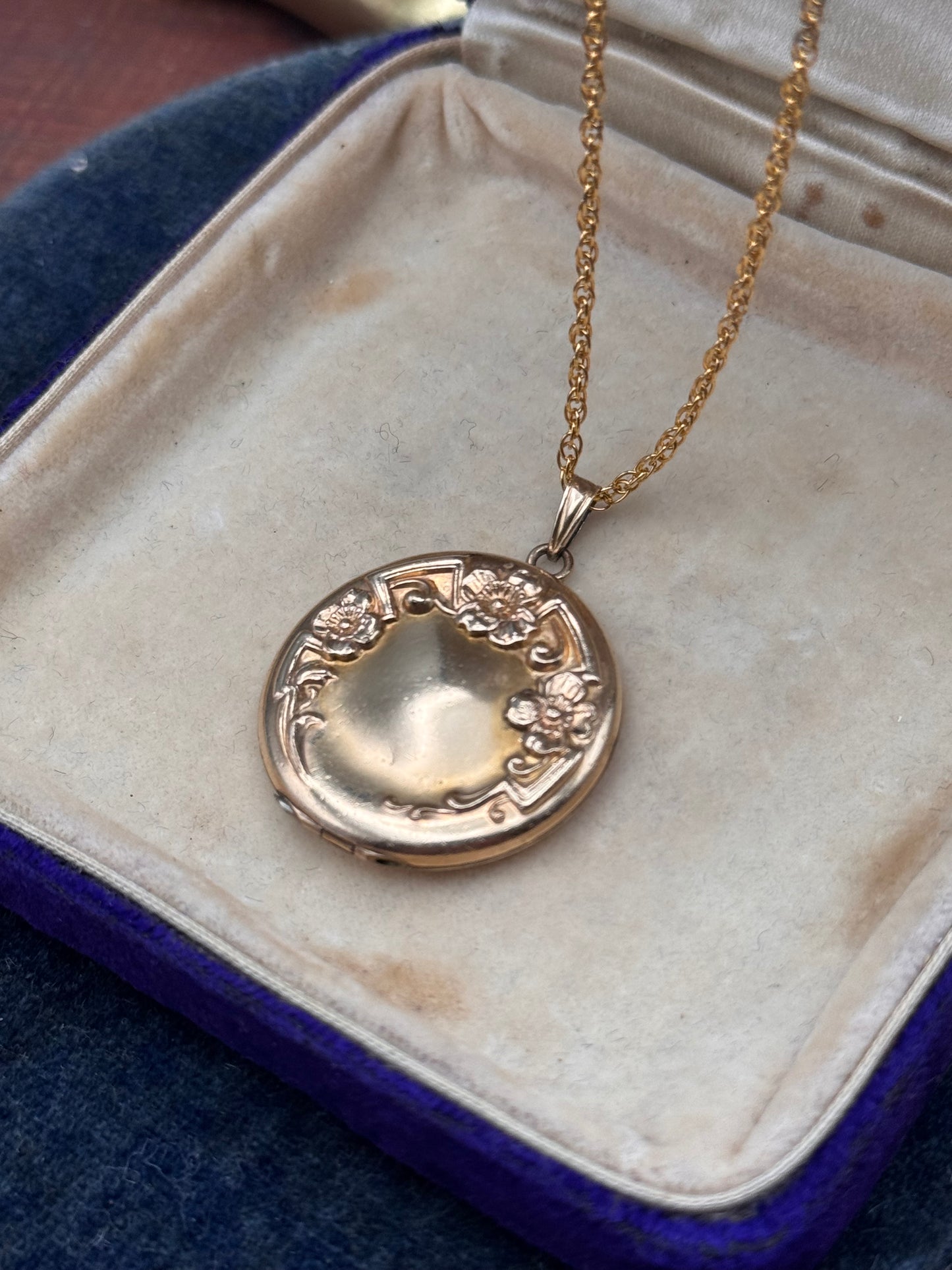 Antique Gold Filled Locket Floral Repoussé Sterling Vermeil Chain 19.5”