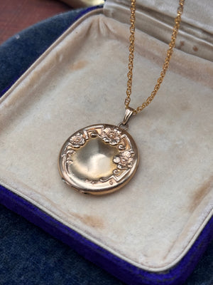 Antique Gold Filled Locket Floral Repoussé Sterling Vermeil Chain 19.5”