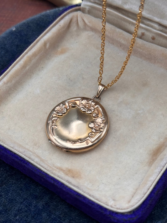Antique Gold Filled Locket Floral Repoussé Sterling Vermeil Chain 19.5”