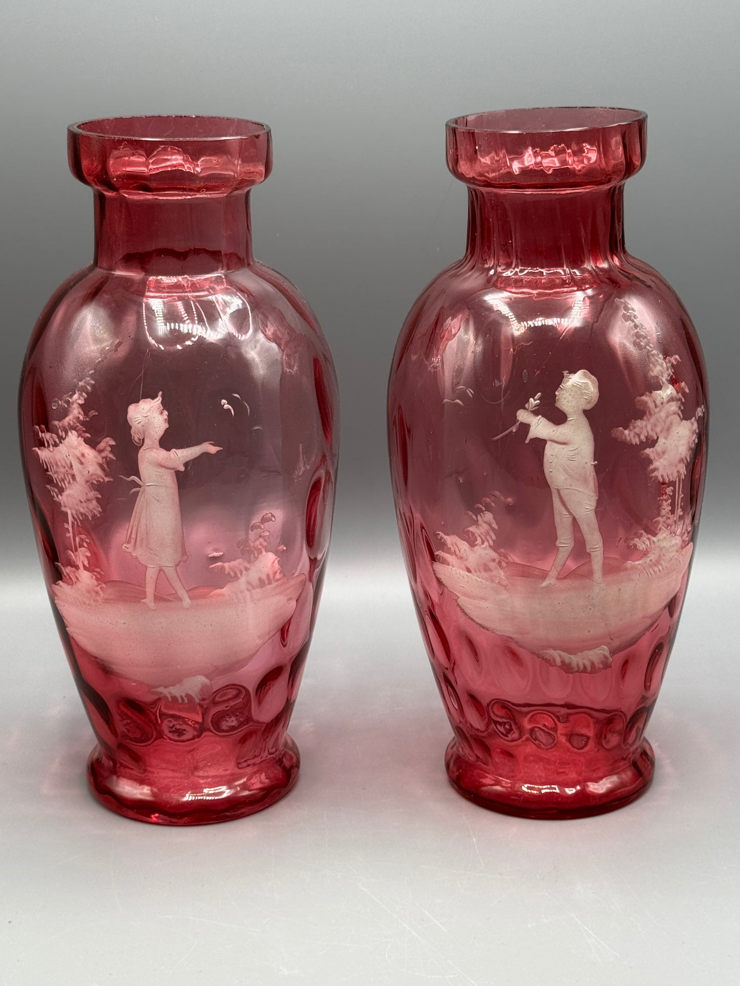 Vintage Pair Mary Gregory Style Cranberry Glass Vases Boy & Girl 10.5”