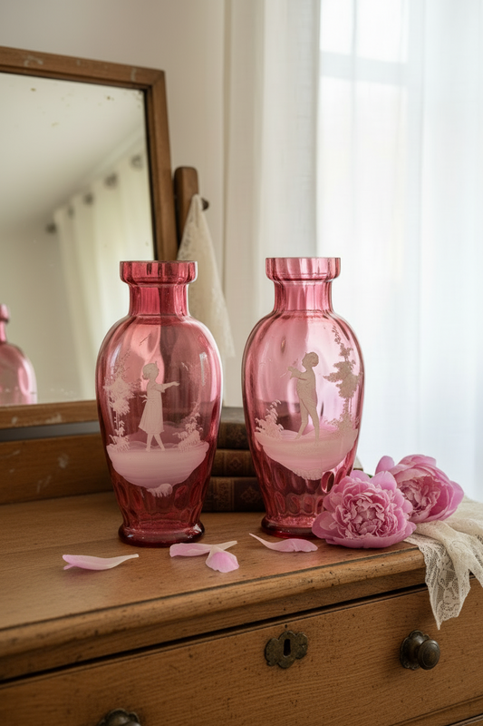 Vintage Pair Mary Gregory Style Cranberry Glass Vases Boy & Girl 10.5”