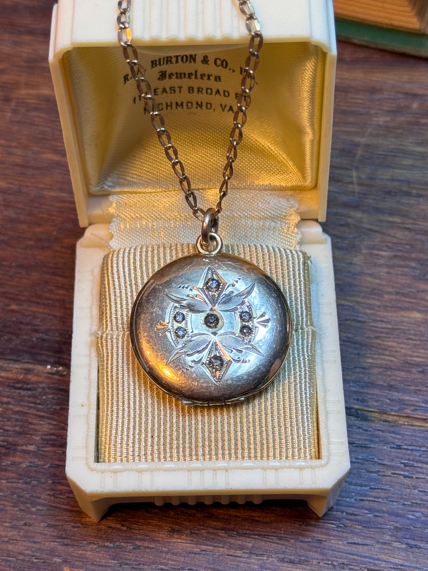 Victorian Rose-Gold Photo Locket Necklace Clear Paste Stones 19”