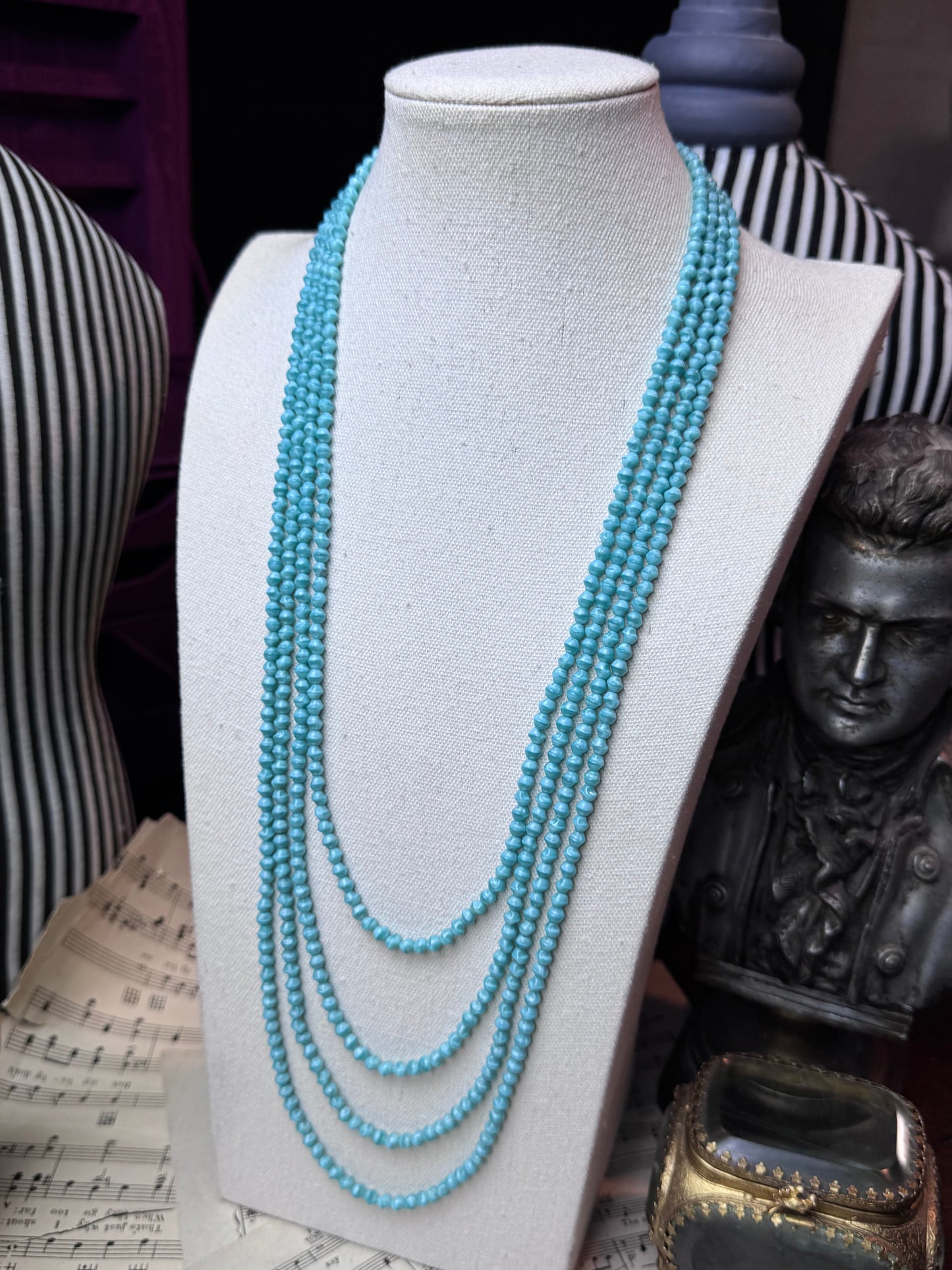 Vintage SIGNED Judith McCann Turquoise Color Glass Bead Necklace 4 Strand Goldtone Clasp 26”