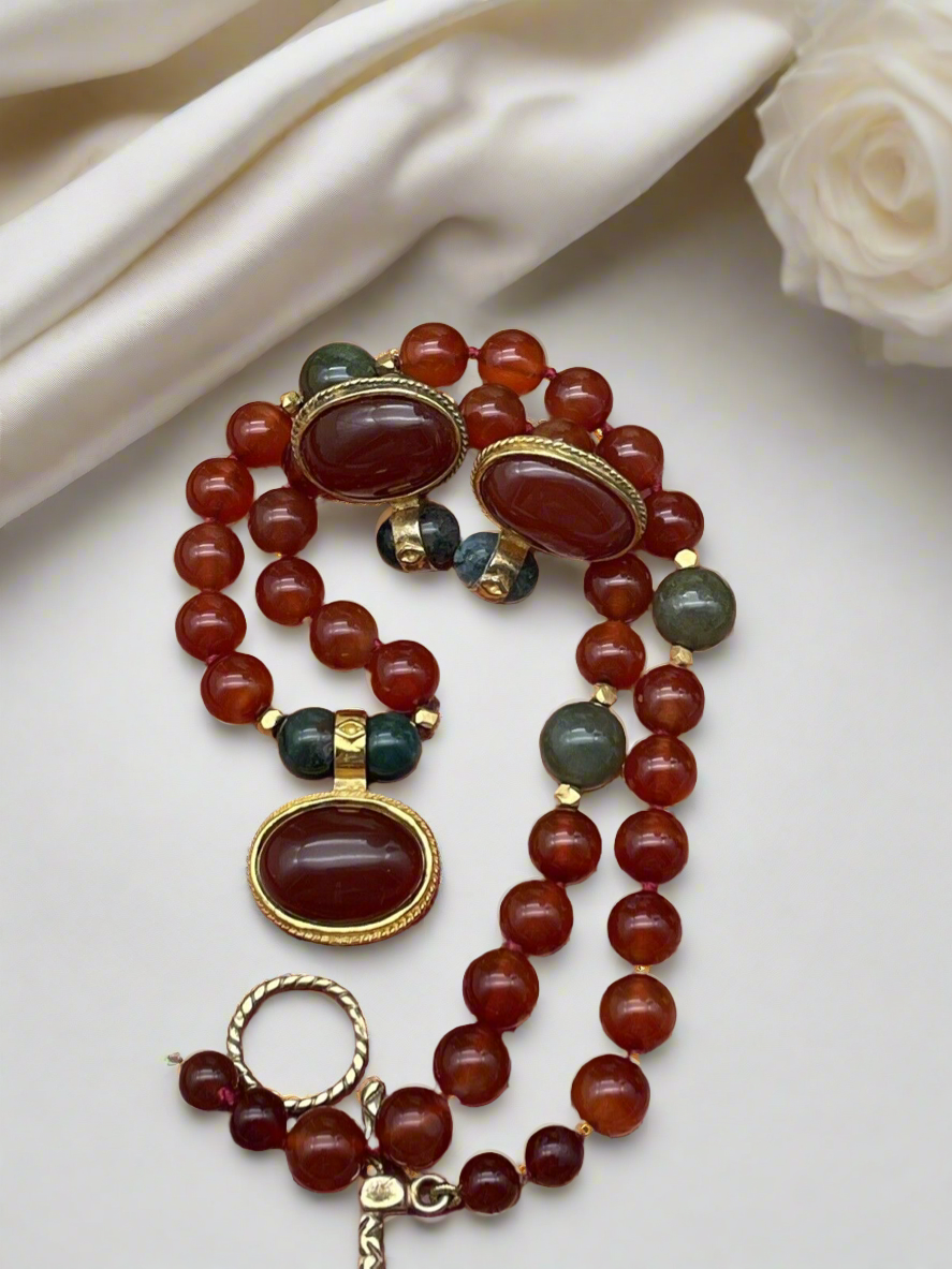 Vintage “Carnelian Jade”  Style Gold Plated Necklace & Earrings By JADED SIGNED