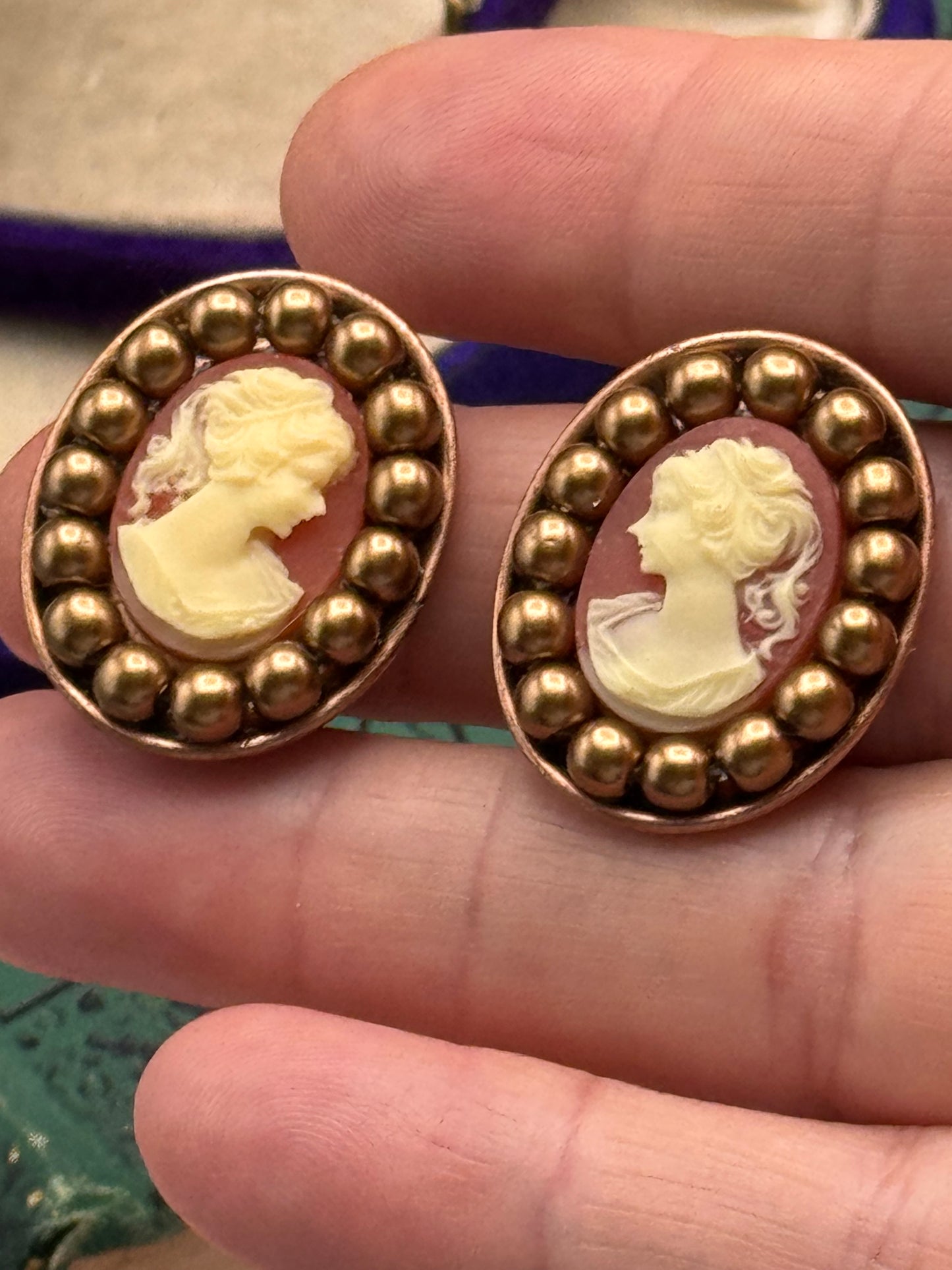Vintage Copper Tone Faux Cameo Clip-On Earrings Estate Find