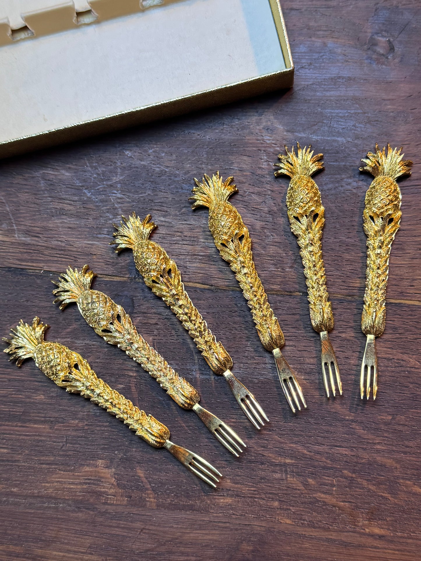 Vintage Canapé Fork Set 24kt Gold Plated Janis Collection 6 Pineapple Design 4”