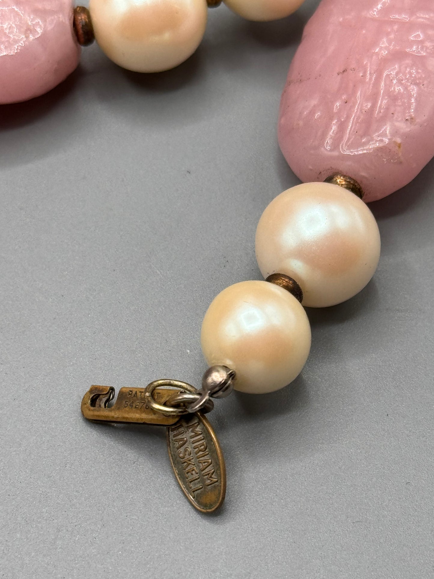 Signed Miriam Haskell Pink Art Glass & Faux Pearl Beaded Necklace