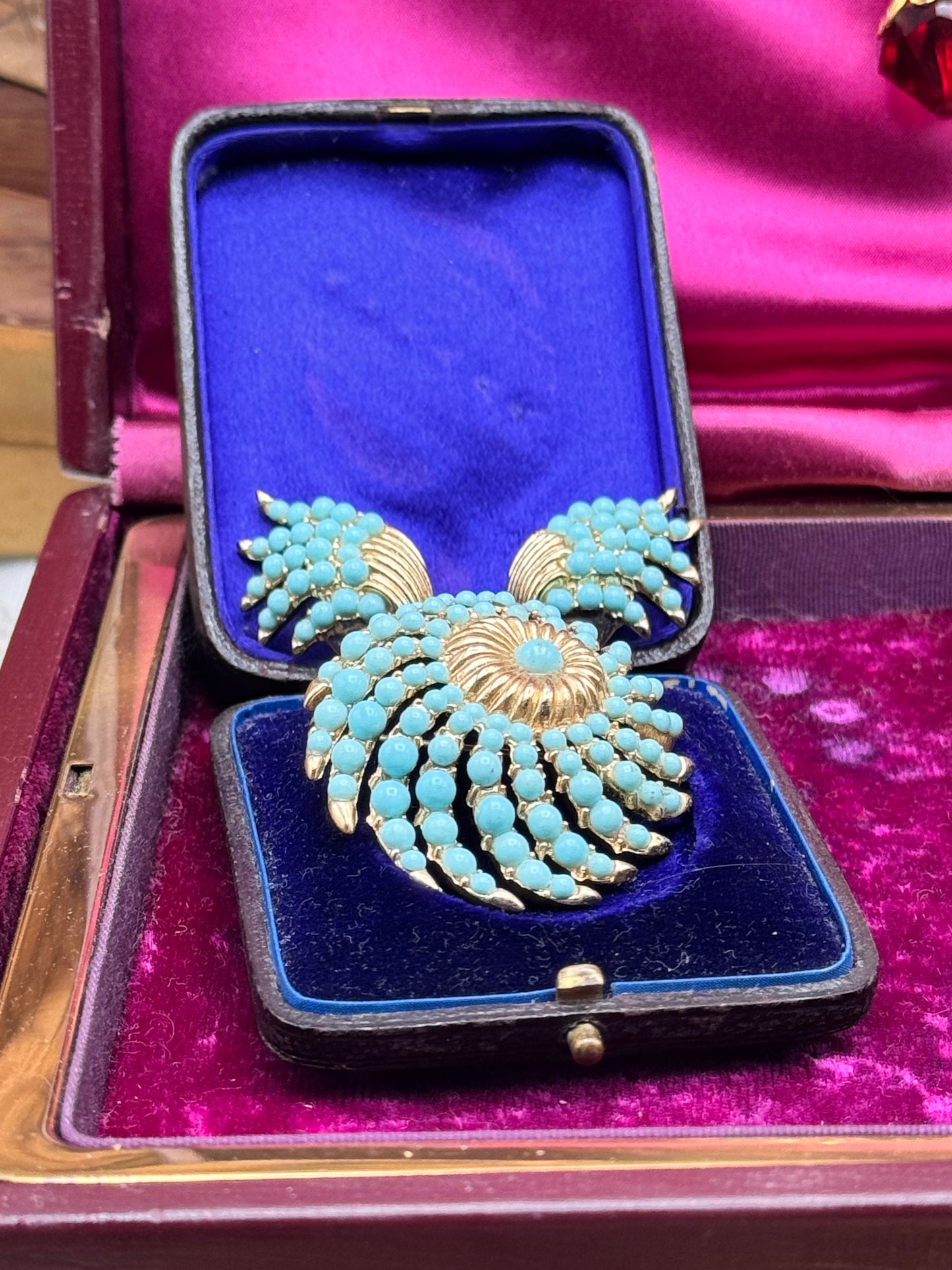 Vintage Brooch Clip Earrings Set Crown Trifari Turquoise Bead Demi Parure