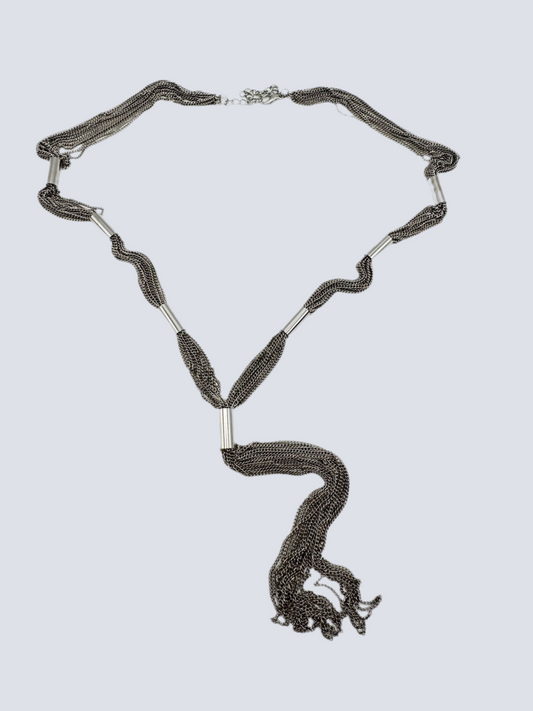 Silvertone Tassel Chain Necklace Circa 31” Inside ESTATE FIND