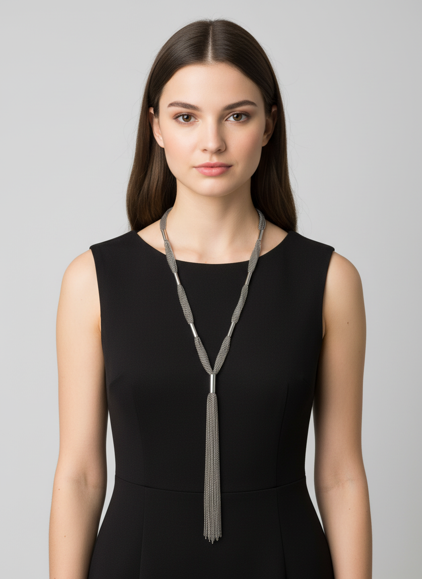 Silvertone Tassel Chain Necklace Circa 31” Inside ESTATE FIND