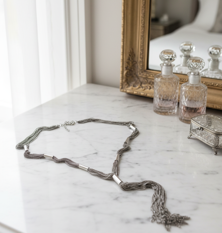 Silvertone Tassel Chain Necklace Circa 31” Inside ESTATE FIND