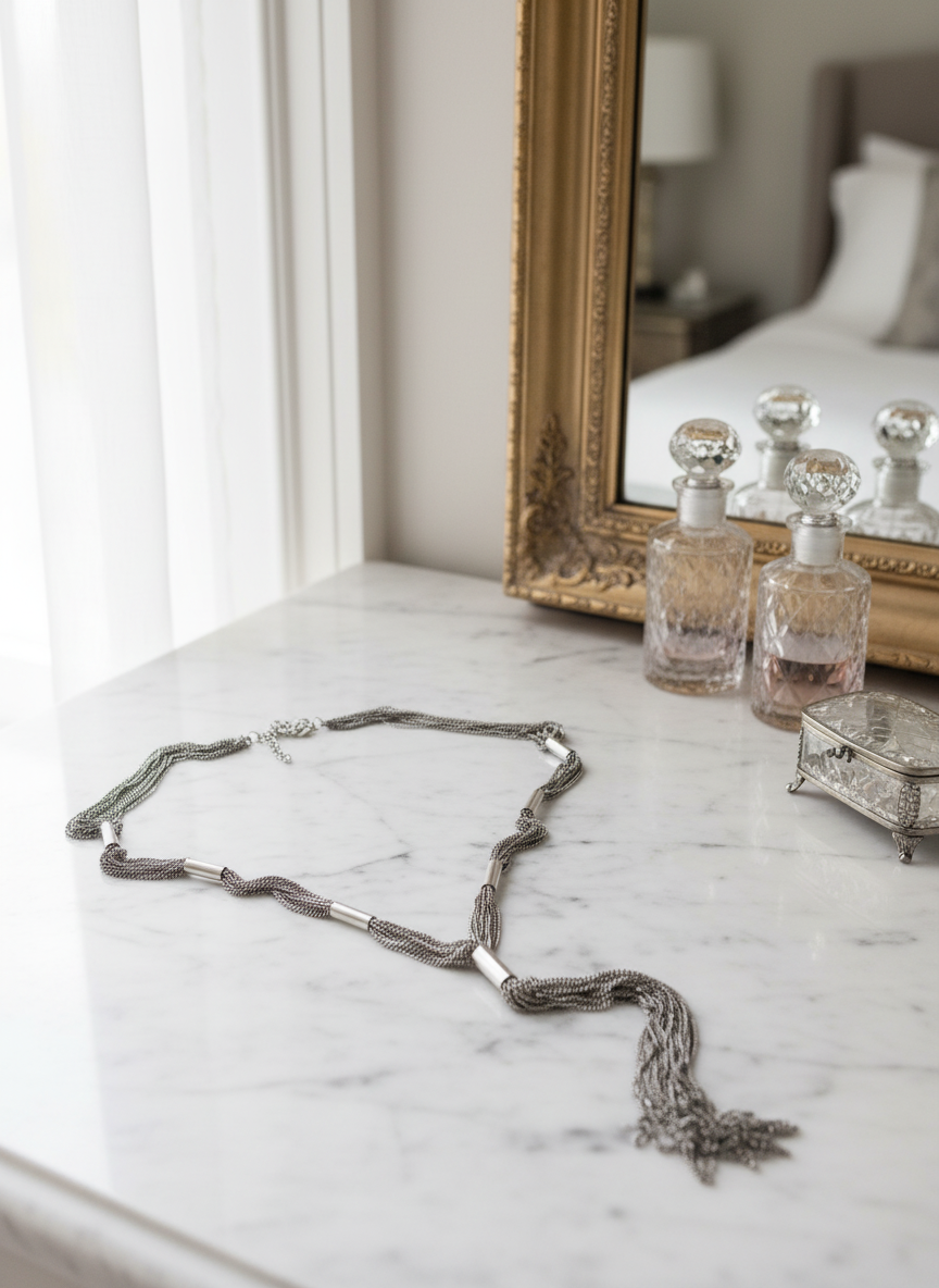 Silvertone Tassel Chain Necklace Circa 31” Inside ESTATE FIND