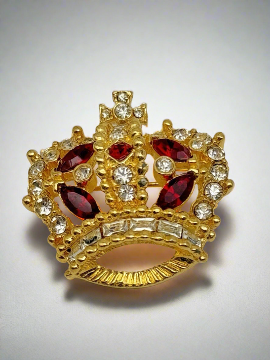 SIGNED Bellini Vintage Crown Ruby Red  & Clear Rhinestone Brooch