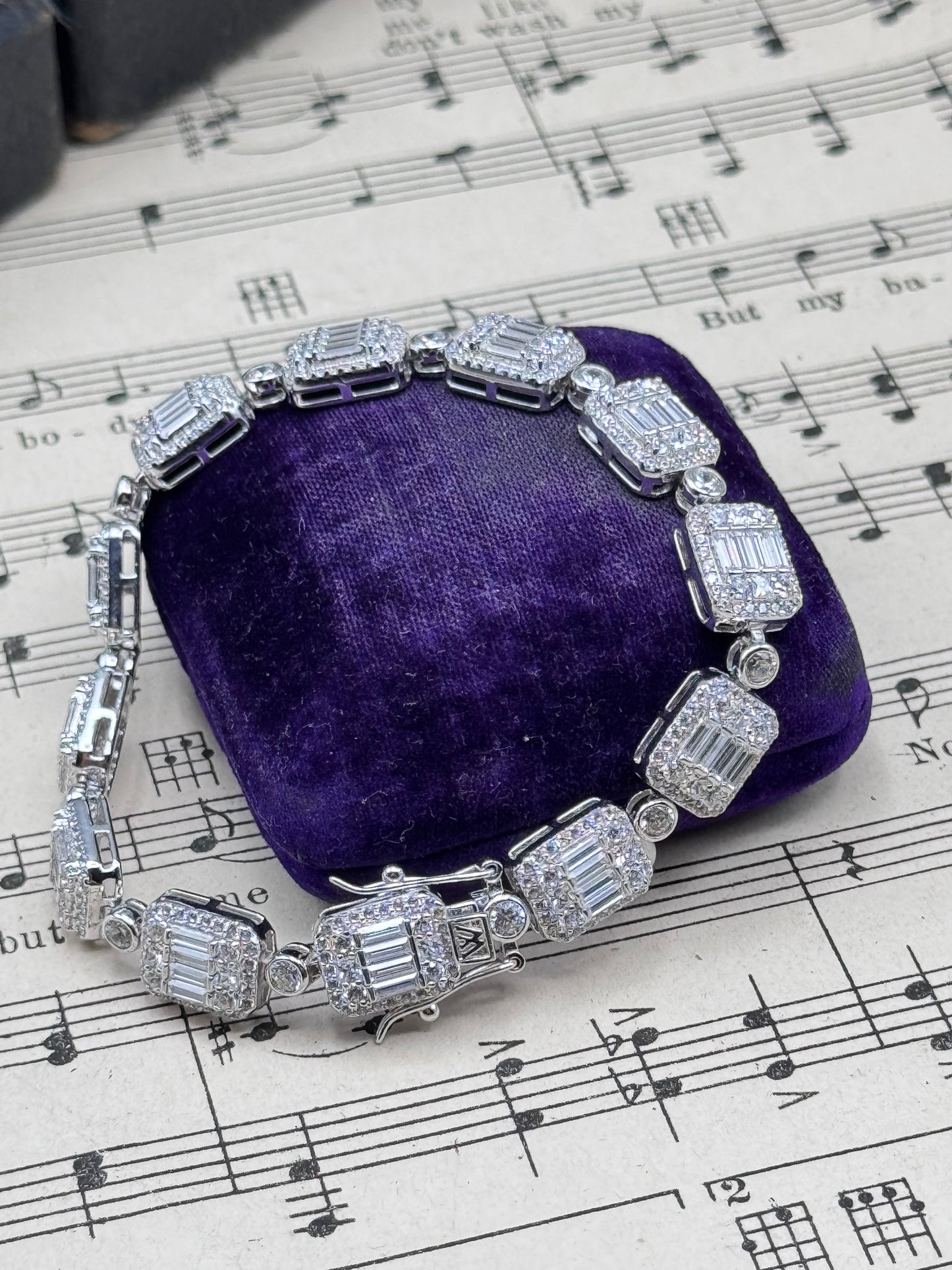 Sterling Clear Stones Tennis Bracelet 7” Baguette Halo Link Bracelet Signed W 925