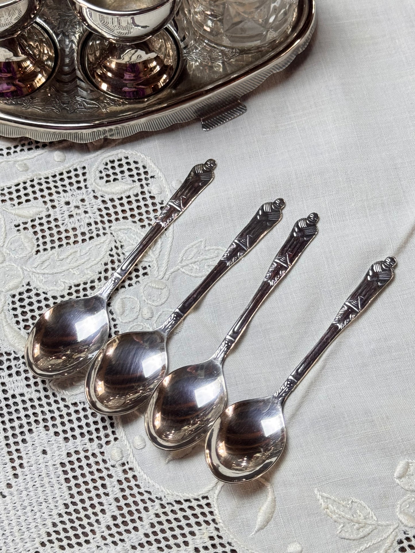 Early 20th Century Chrome Egg Cruet Set Apostle Spoons Salt Pepper Server 8”