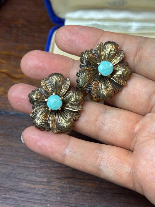 Stephen Dweck Sterling 925 Flower Clip Earrings Blue Green Stone Signed 1.25”