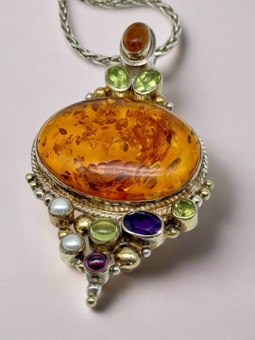 Pendant Necklace Amber Peridot Rhodolite Sterling Pearl Pre-Loved MICHOU