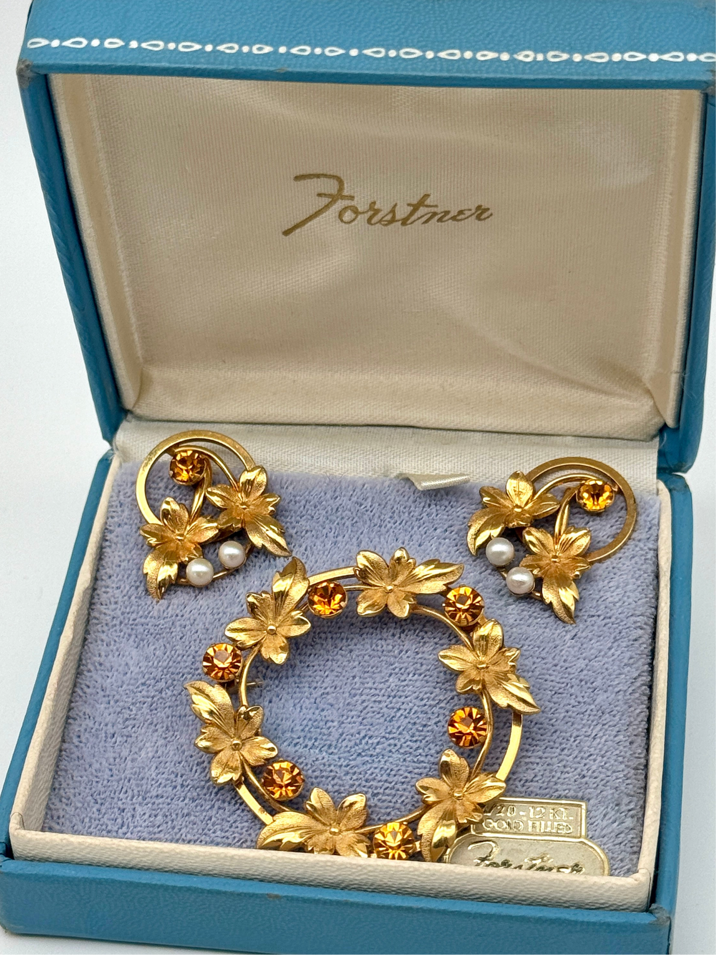 Vintage Gold Filled Brooch & Earring Set Signed FORSTNER in Original Box LEAF &