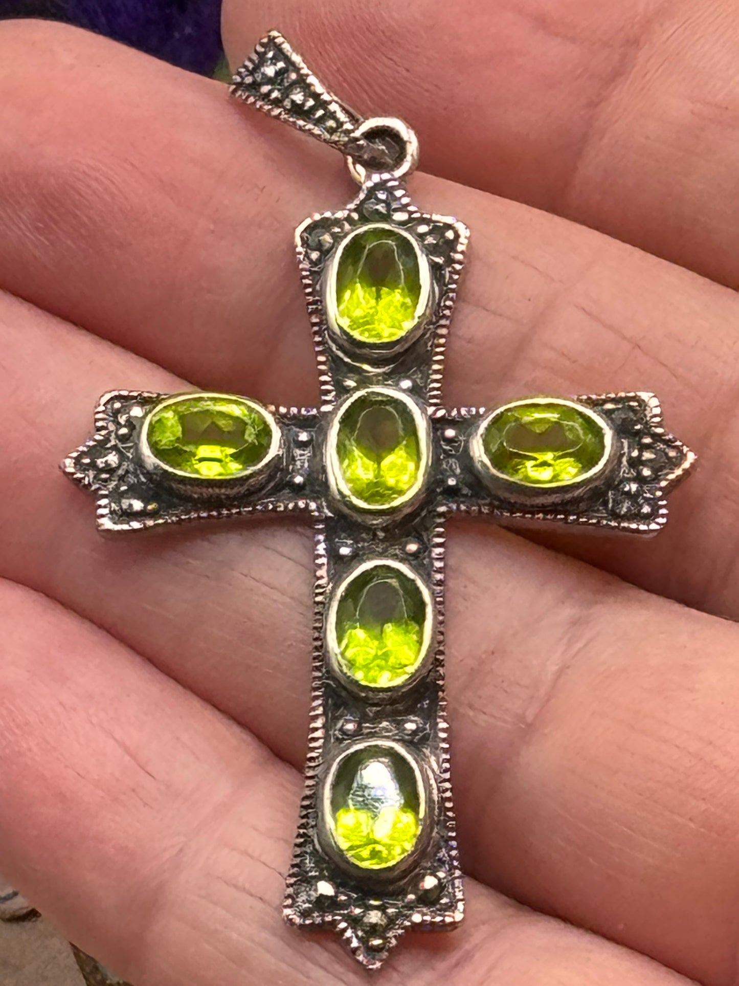 Vintage Sterling Silver Cross Pendant Peridot Green Stones 2.25” Statement Necklace