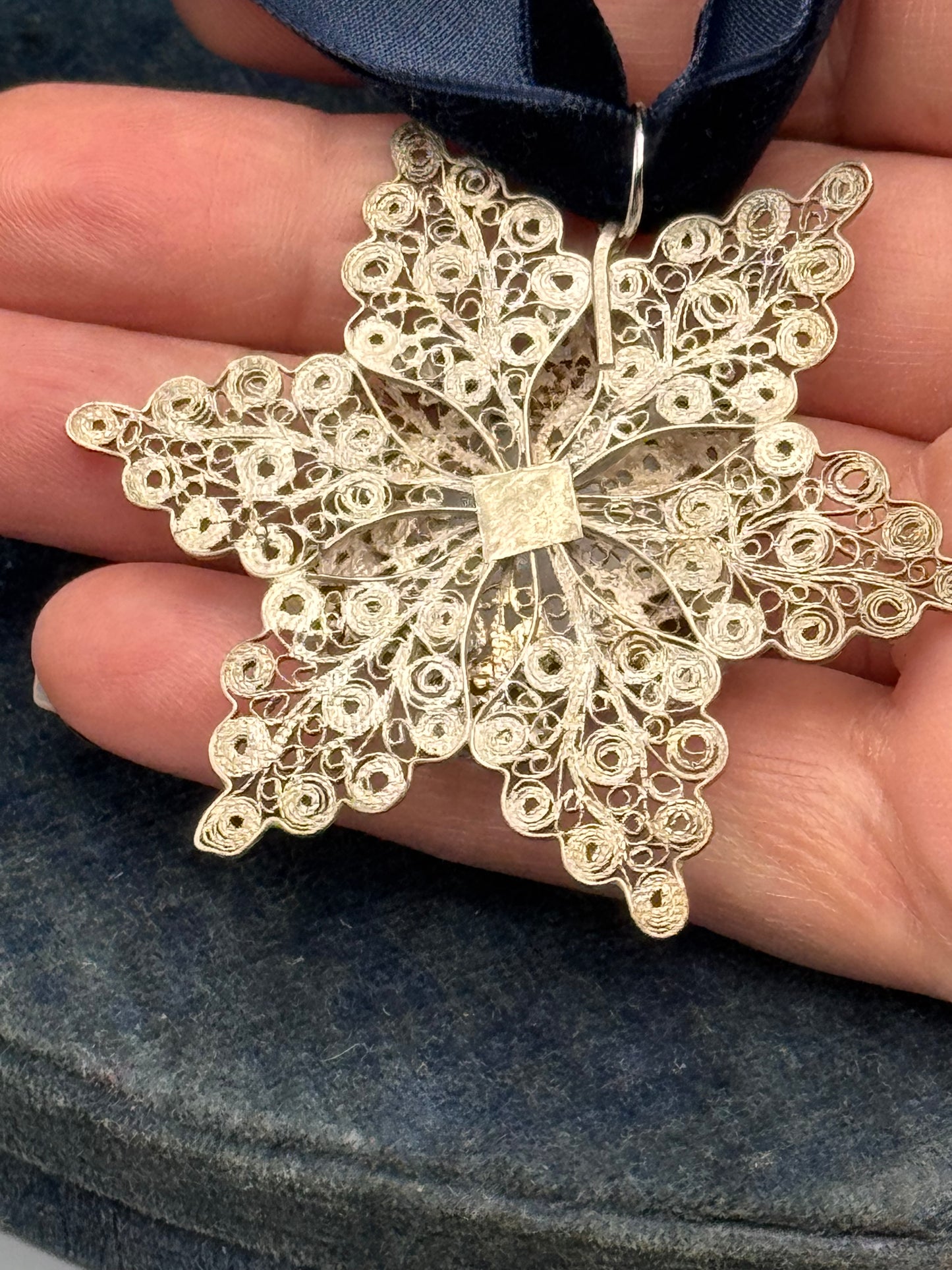 Vintage Filigree Pendant Bird Motif 2.5” Statement Necklace Silver Tone Enameled Hand Painted