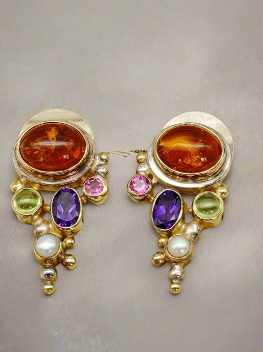 Pre-Loved MICHOU Earrings Sterling Amber Peridot Rhodolite Amethyst Pearl Garnet