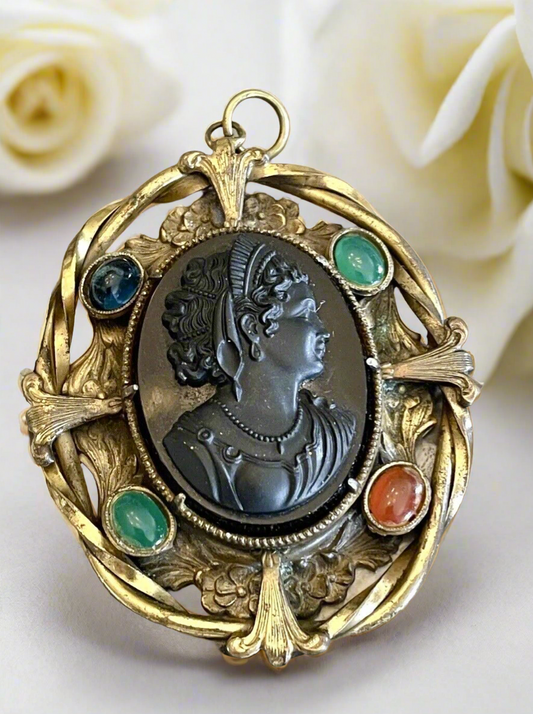 Victorian CAMEO Pendant Black Stone Gilt Frame EXQUISITE RARE