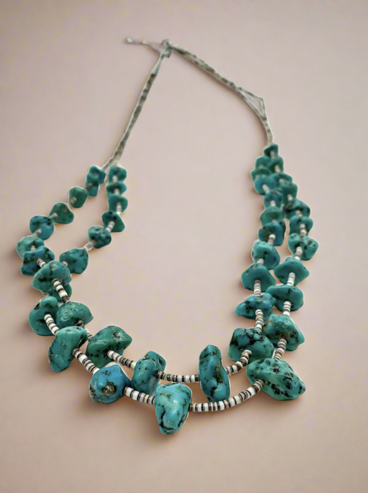 Vintage 2 Strand Turquoise Nugget Necklace With Olive Shell Heishi