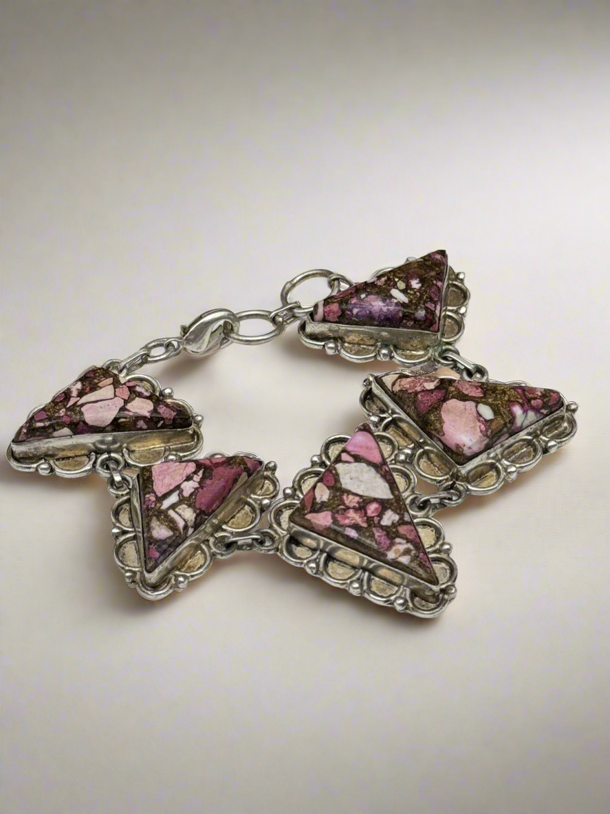 Vintage MCM Artisan Style Silver Tone Pink Stone Bracelet