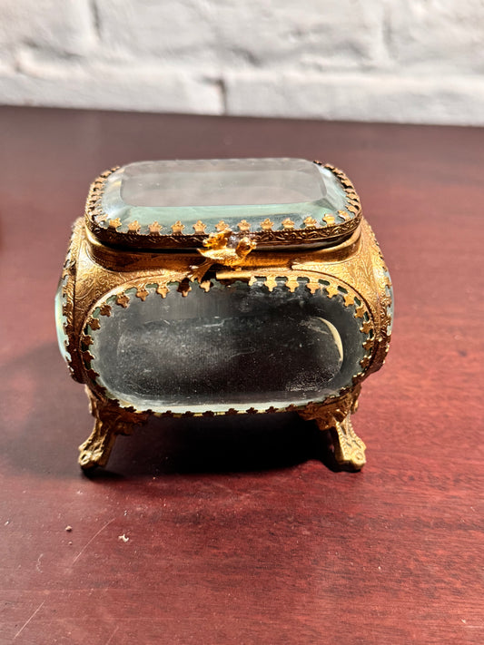 Jewelry Casket Box Antique Beveled Glass Ormolu Vanity Trinket Box 3.5”