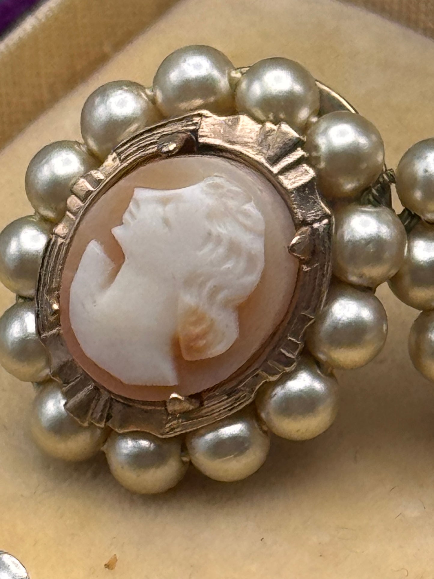 Edwardian Style Shell Cameo Earrings Faux Pearl Halo Screw Back .75”
