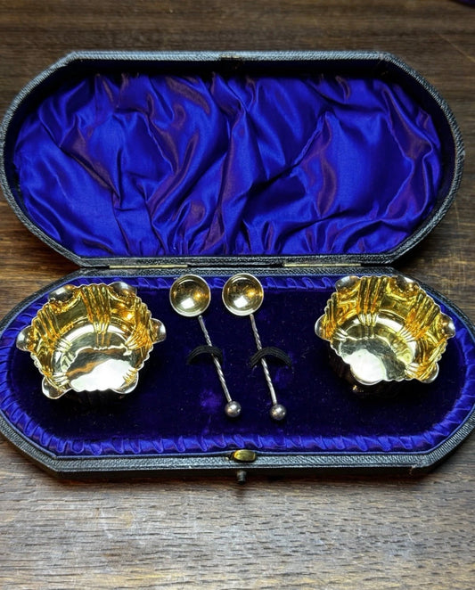Antique Sterling Salt Cellar Gold Wash Set in Original Case Birmingham 1902