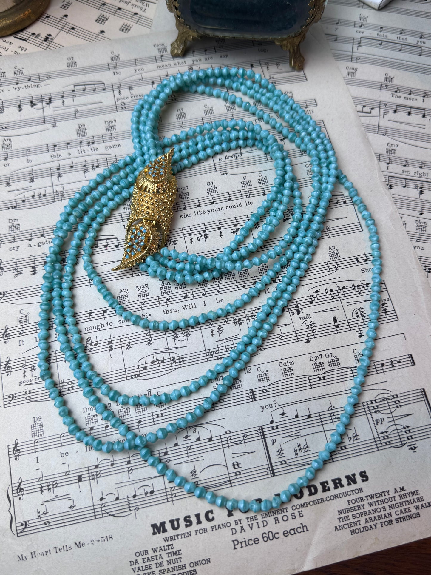 Vintage SIGNED Judith McCann Turquoise Color Glass Bead Necklace 4 Strand Goldtone Clasp 26”