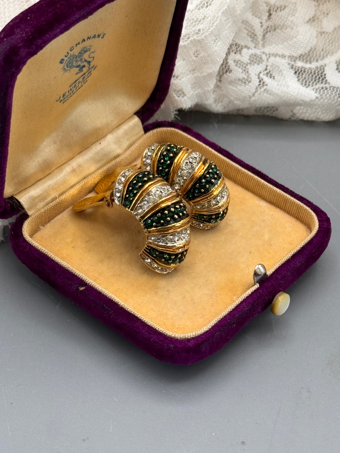 Vintage KJL Signed Kenneth J Lane Clip-On Earrings Emerald Green Clear Rhinestone Goldtone