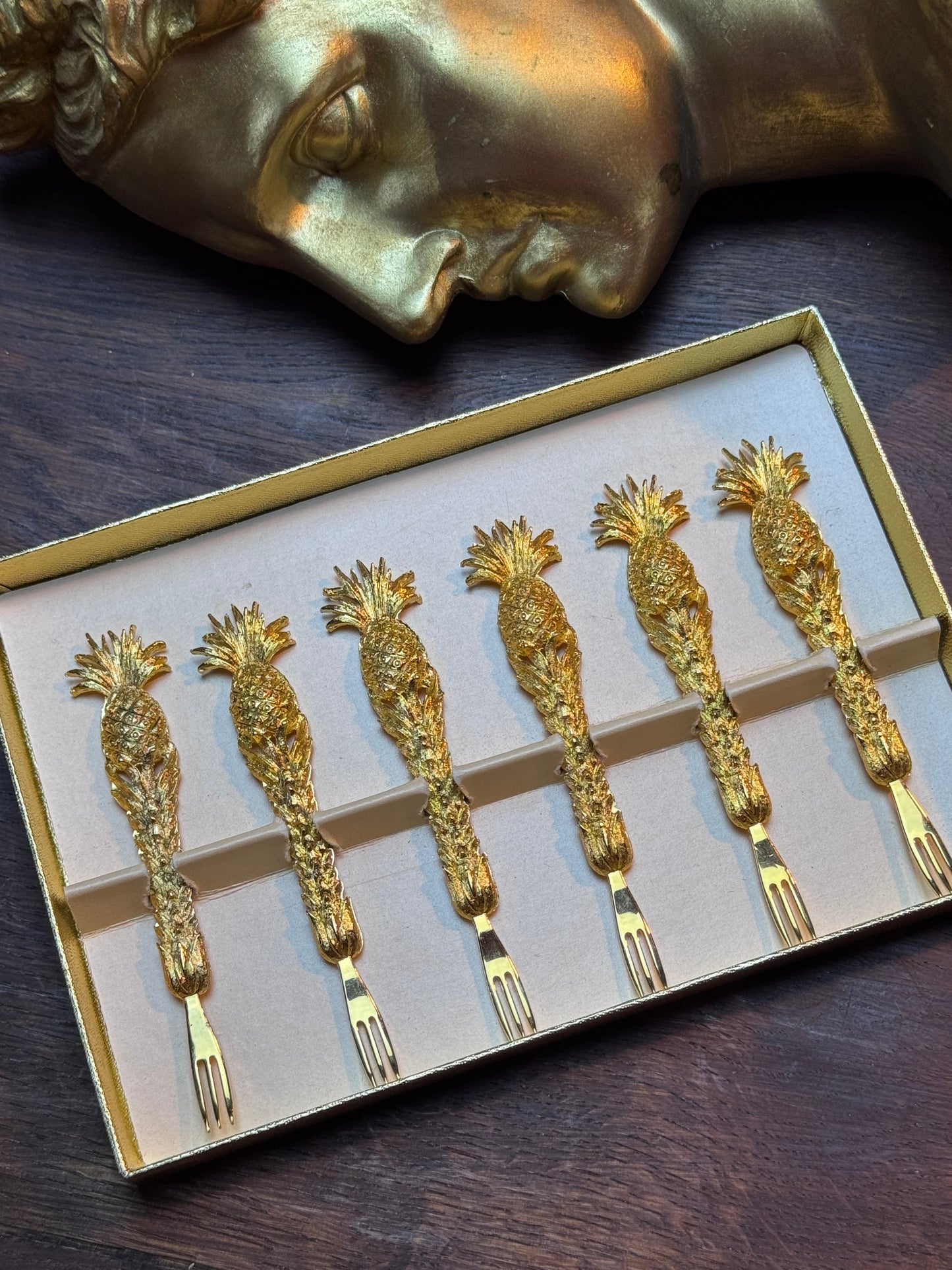 Vintage Canapé Fork Set 24kt Gold Plated Janis Collection 6 Pineapple Design 4”
