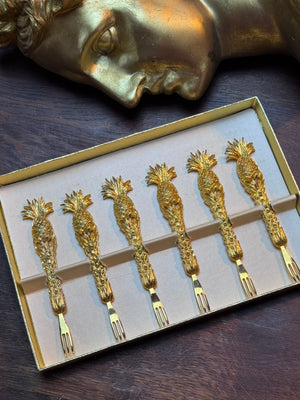 Vintage Canapé Fork Set 24kt Gold Plated Janis Collection 6 Pineapple Design 4”