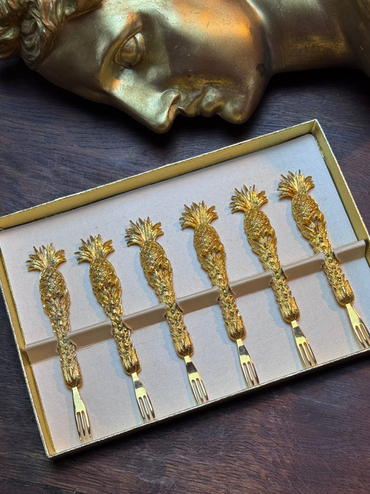 Vintage Canapé Fork Set 24kt Gold Plated Janis Collection 6 Pineapple Design 4”