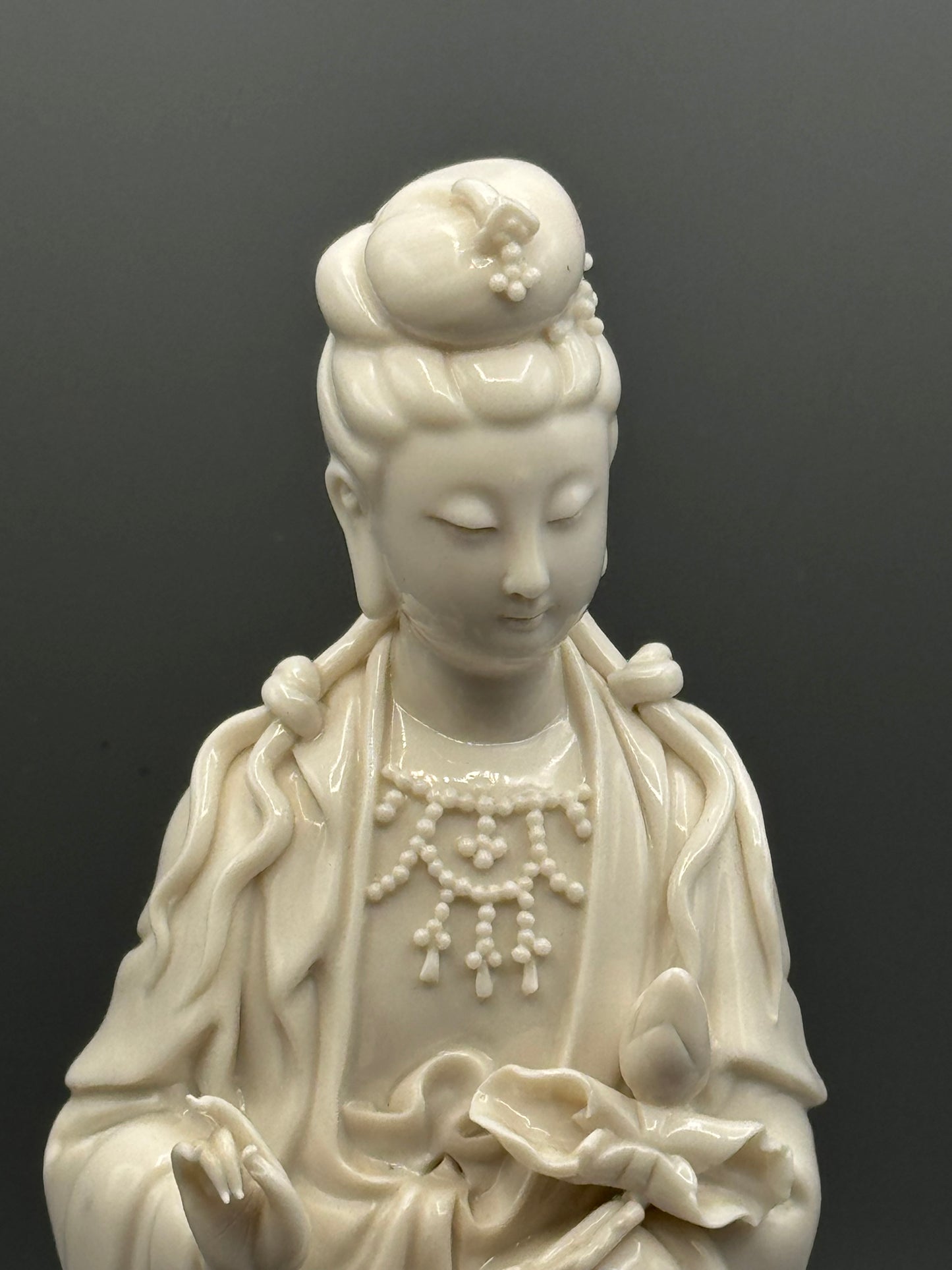 Vintage Blanc de Chine Guanyin Figurine Standing on Dragon 11.5”