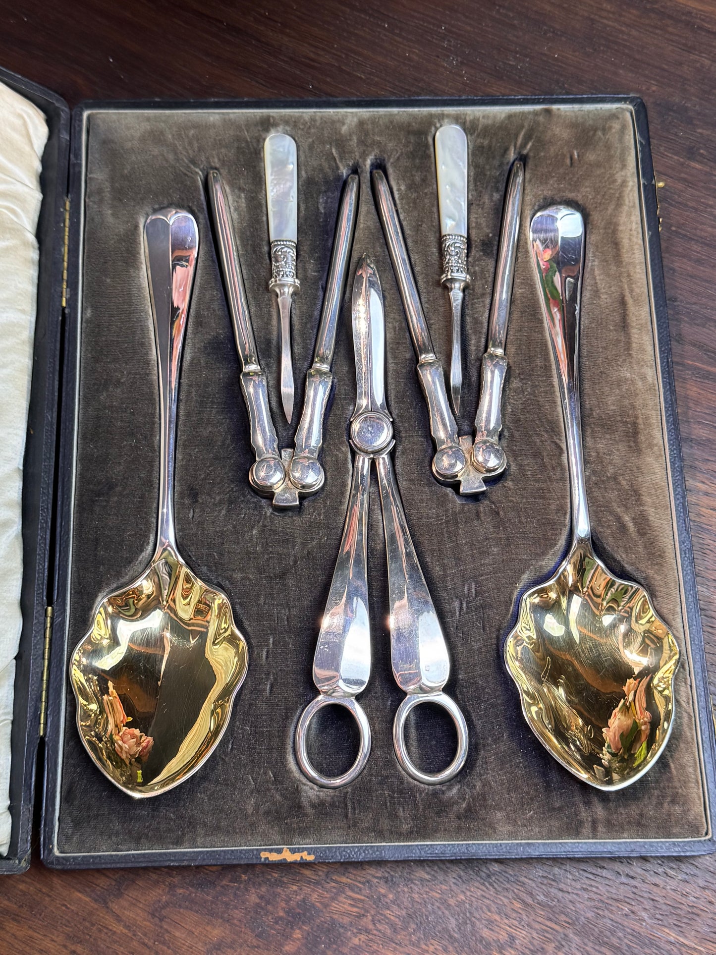 Vintage Dessert Set Walker Hall Sheffield Silver-plate Gold Wash Berry Spoons, Grape Shears, Nutcrackers & Picks MOP in Case