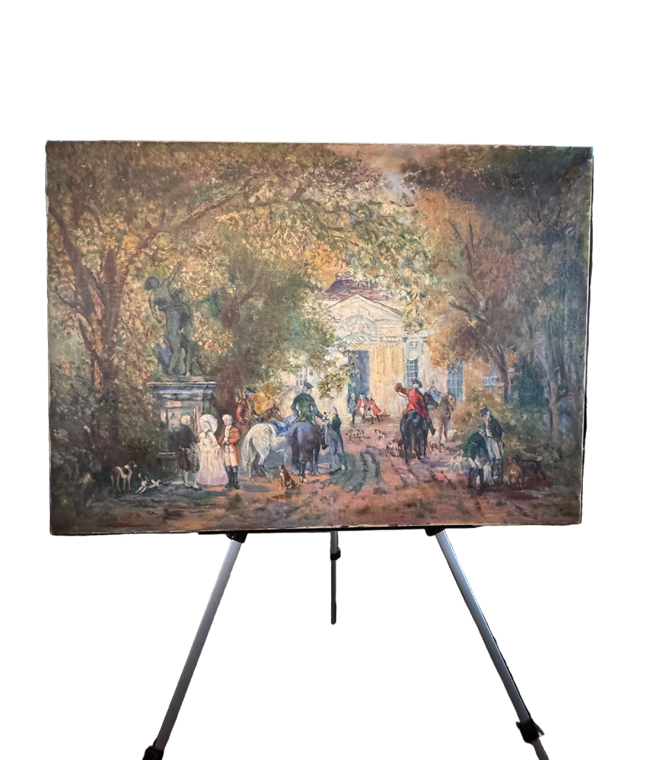 Vintage Oil Painting Fox Hunt Scene Country House Equestrian 35 X 25”